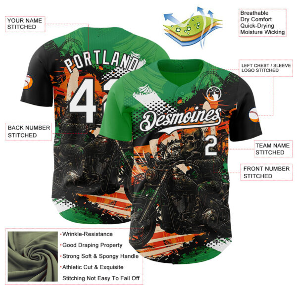 Custom Green White Orange Cream-Black 3D Pattern Design Motorcycle Motocross Skull Authentic Baseball Jersey