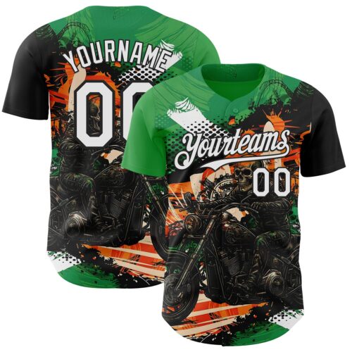 3DPattern14995 Custom Green White Orange Cream-Black 3D Pattern Design Motorcycle Motocross Skull Authentic Baseball Jersey