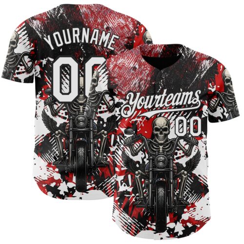 3DPattern14996 Custom Red White-Black 3D Pattern Design Motorcycle Motocross Skull Authentic Baseball Jersey