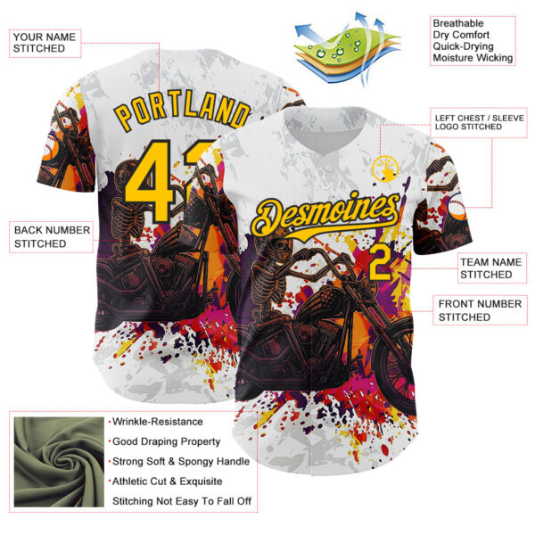 Custom White Yellow-Black 3D Pattern Design Motorcycle Motocross Skull Authentic Baseball Jersey