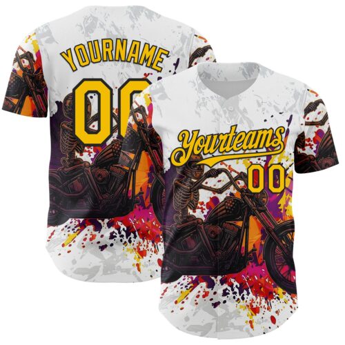 3DPattern14997 Custom White Yellow-Black 3D Pattern Design Motorcycle Motocross Skull Authentic Baseball Jersey