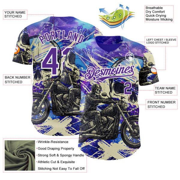 Custom Purple Cream-White 3D Pattern Design Motorcycle Motocross Skull Authentic Baseball Jersey