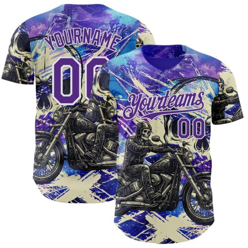 3DPattern14998 Custom Purple Cream-White 3D Pattern Design Motorcycle Motocross Skull Authentic Baseball Jersey