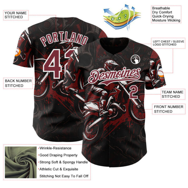 Custom Black Burgundy-White 3D Pattern Design Motorcycle Motocross Authentic Baseball Jersey