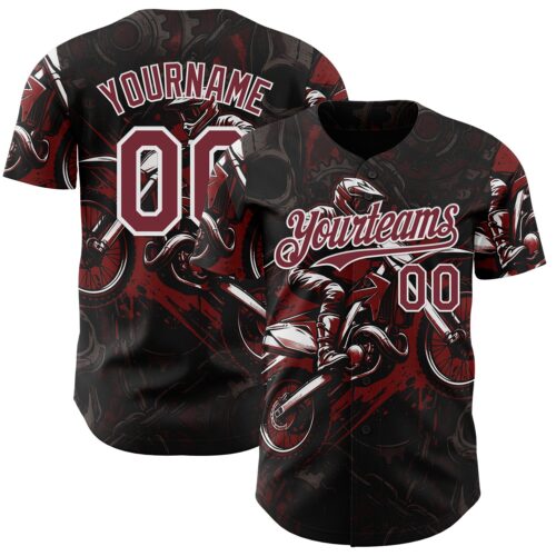 Custom Black Burgundy-White 3D Pattern Design Motorcycle Motocross Authentic Baseball Jersey