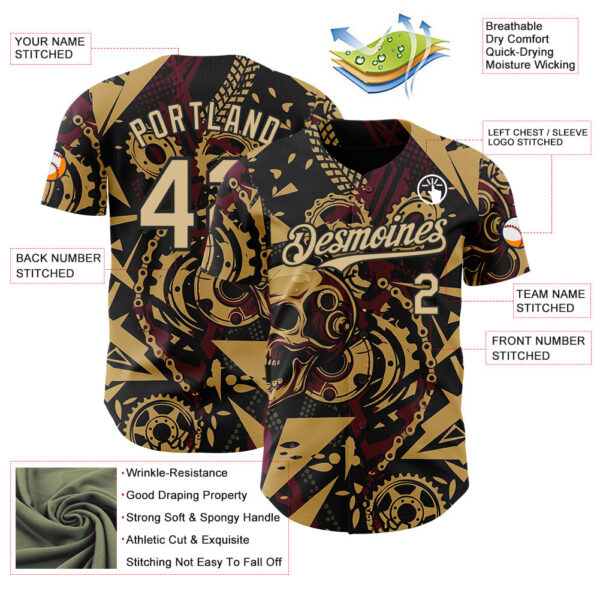 Custom Black Vegas Gold Old Gold-Red 3D Pattern Design Motorcycle Motocross Skull Authentic Baseball Jersey
