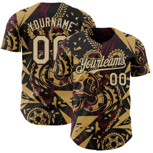 3DPattern15000 Custom Black Vegas Gold Old Gold-Red 3D Pattern Design Motorcycle Motocross Skull Authentic Baseball Jersey