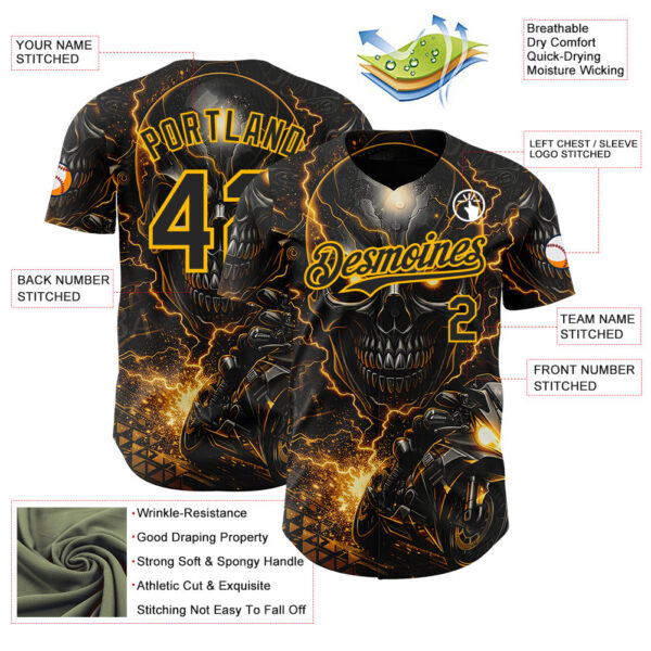 Custom Black-Gold 3D Pattern Design Motorcycle Motocross Skull Authentic Baseball Jersey