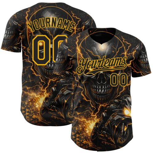 3DPattern15001 Custom Black-Gold 3D Pattern Design Motorcycle Motocross Skull Authentic Baseball Jersey