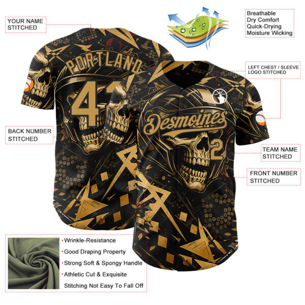 Custom Black-Old Gold 3D Pattern Design Motorcycle Motocross Skull Authentic Baseball Jersey