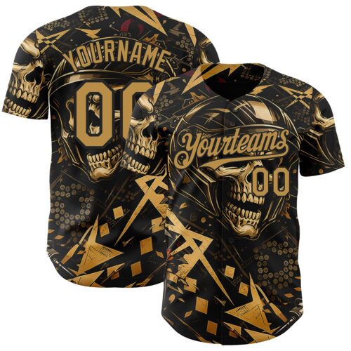 3DPattern15002 Custom Black-Old Gold 3D Pattern Design Motorcycle Motocross Skull Authentic Baseball Jersey