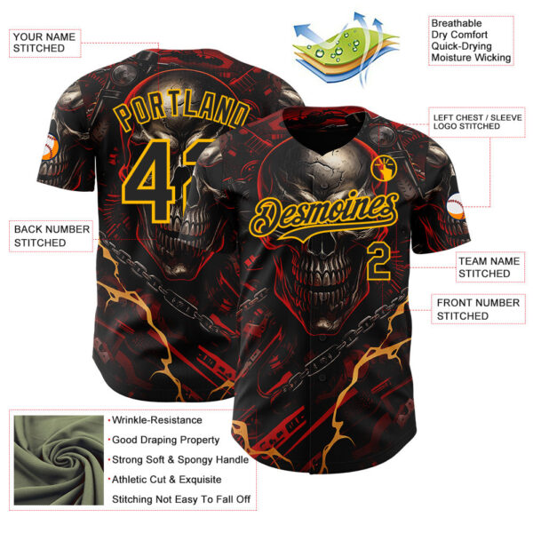 Custom Black Red-Gold 3D Pattern Design Motorcycle Motocross Skull Authentic Baseball Jersey