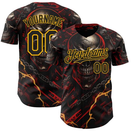3DPattern15003 Custom Black Red-Gold 3D Pattern Design Motorcycle Motocross Skull Authentic Baseball Jersey