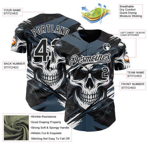 Custom Black Blue-White 3D Pattern Design Motorcycle Motocross Skull Authentic Baseball Jersey