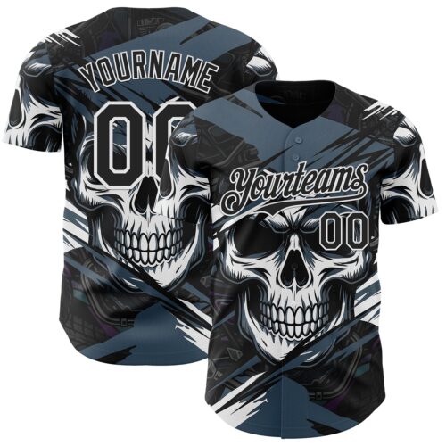 3DPattern15004 Custom Black Blue-White 3D Pattern Design Motorcycle Motocross Skull Authentic Baseball Jersey