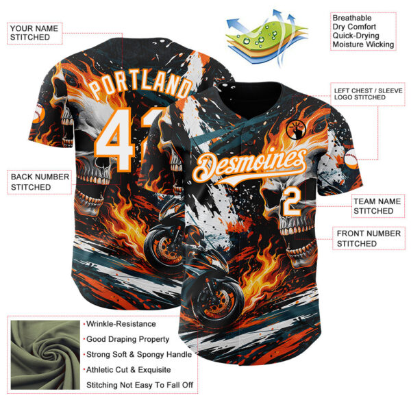 Custom Black White Red-Bay Orange 3D Pattern Design Motorcycle Motocross Skull Flame Authentic Baseball Jersey