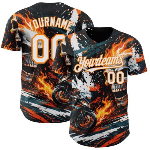 3DPattern15005 Custom Black White Red-Bay Orange 3D Pattern Design Motorcycle Motocross Skull Flame Authentic Baseball Jersey
