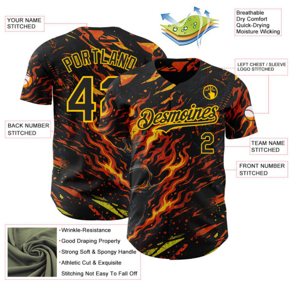 Custom Black Red-Yellow 3D Pattern Design Motorcycle Motocross Skull Flame Authentic Baseball Jersey