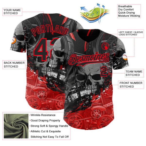 Custom Black-Fire Red 3D Pattern Design Motorcycle Motocross Skull Authentic Baseball Jersey