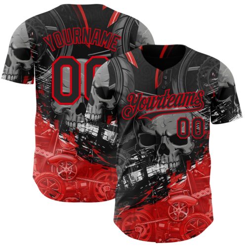 3DPattern15007 Custom Black-Fire Red 3D Pattern Design Motorcycle Motocross Skull Authentic Baseball Jersey