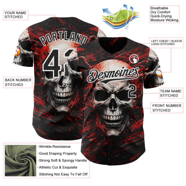 Custom Black Red-White 3D Pattern Design Motorcycle Motocross Skull Authentic Baseball Jersey