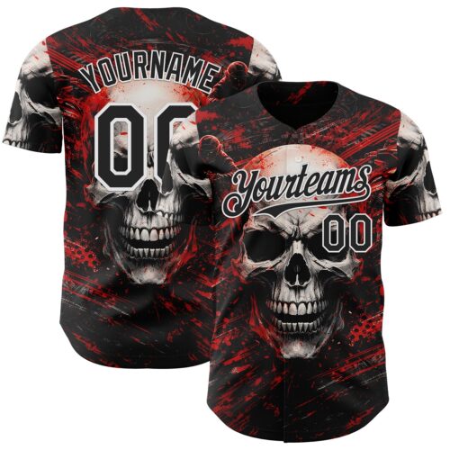 3DPattern15008 Custom Black Red-White 3D Pattern Design Motorcycle Motocross Skull Authentic Baseball Jersey