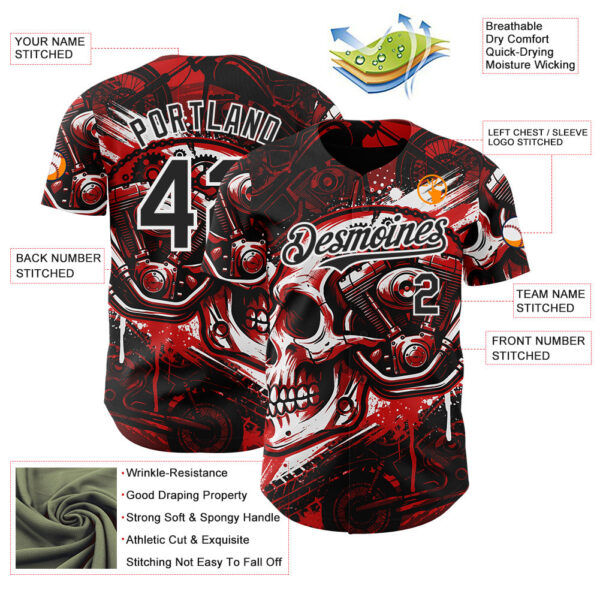 Custom Black Red-White 3D Pattern Design Motorcycle Motocross Skull Authentic Baseball Jersey