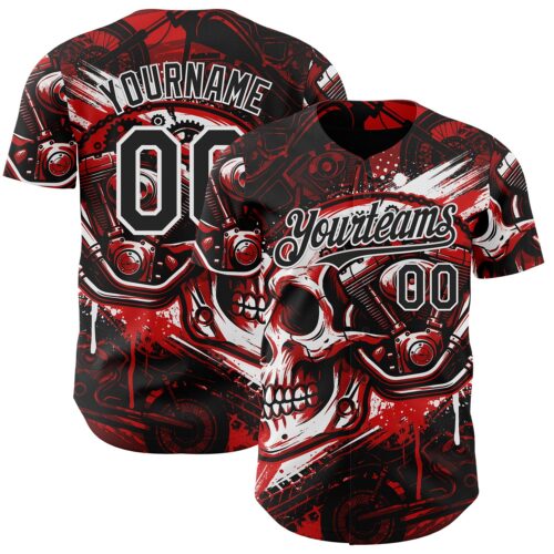 3DPattern15009 Custom Black Red-White 3D Pattern Design Motorcycle Motocross Skull Authentic Baseball Jersey