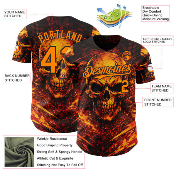 Custom Black-Bay Orange 3D Pattern Design Motorcycle Motocross Skull Flame Authentic Baseball Jersey