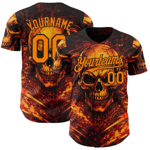 3DPattern15010 Custom Black-Bay Orange 3D Pattern Design Motorcycle Motocross Skull Flame Authentic Baseball Jersey