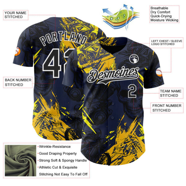 Custom Navy Black Yellow-White 3D Pattern Design Motorcycle Motocross Skull Authentic Baseball Jersey