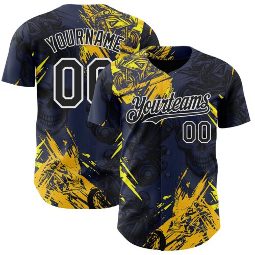 3DPattern15011 Custom Navy Black Yellow-White 3D Pattern Design Motorcycle Motocross Skull Authentic Baseball Jersey