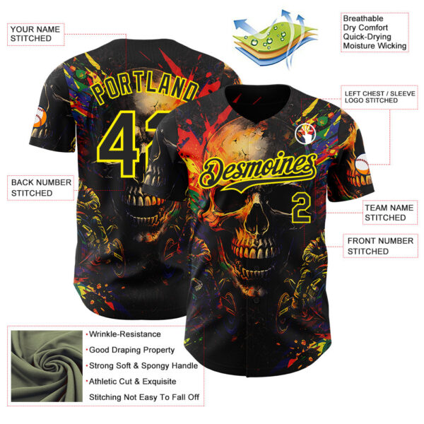 Custom Black-Light Yellow 3D Pattern Design Motorcycle Motocross Skull Authentic Baseball Jersey