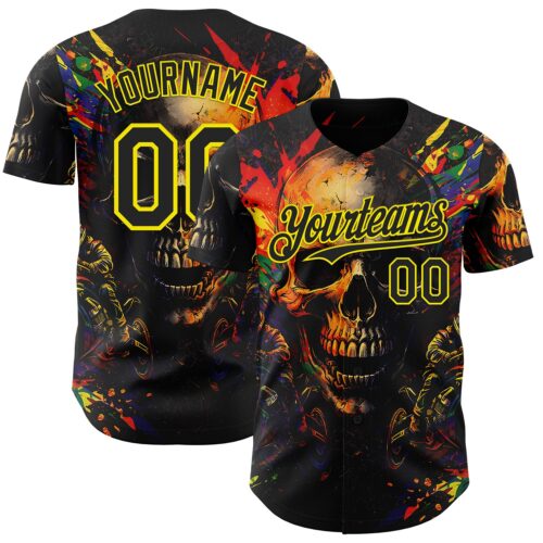 3DPattern15012 Custom Black-Light Yellow 3D Pattern Design Motorcycle Motocross Skull Authentic Baseball Jersey