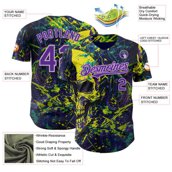 Custom Blue Purple Yellow-Light Purple 3D Pattern Design Motorcycle Motocross Skull Authentic Baseball Jersey