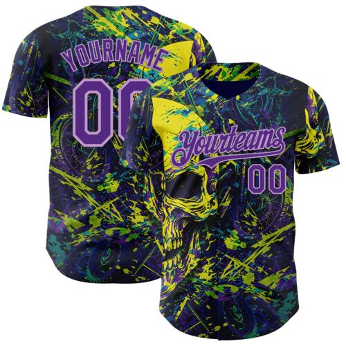 3DPattern15013 Custom Blue Purple Yellow-Light Purple 3D Pattern Design Motorcycle Motocross Skull Authentic Baseball Jersey