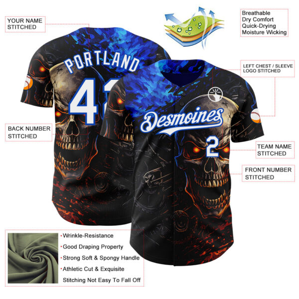 Custom Black White-Thunder Blue 3D Pattern Design Motorcycle Motocross Skull Authentic Baseball Jersey