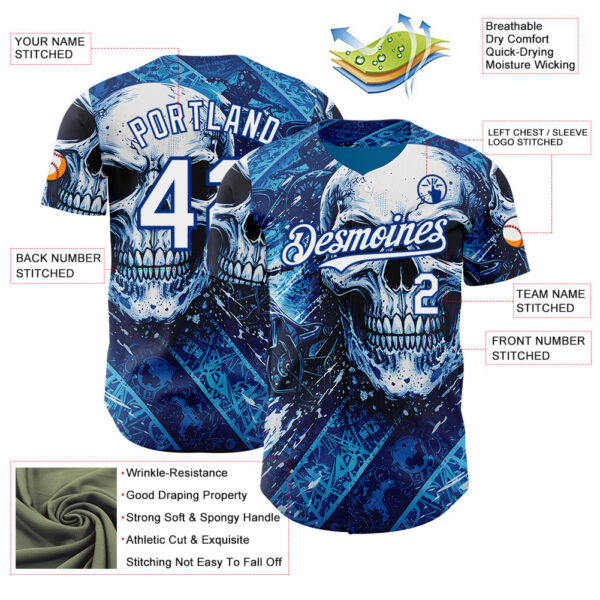 Custom Blue White-Royal 3D Pattern Design Motorcycle Motocross Skull Authentic Baseball Jersey