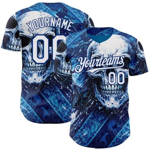 3DPattern15015 Custom Blue White-Royal 3D Pattern Design Motorcycle Motocross Skull Authentic Baseball Jersey