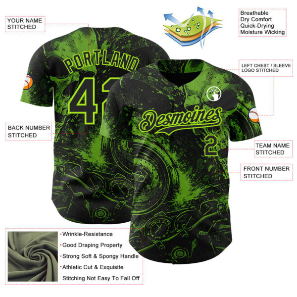 Custom Black-Neon Green 3D Pattern Design Motorcycle Motocross Skull Authentic Baseball Jersey