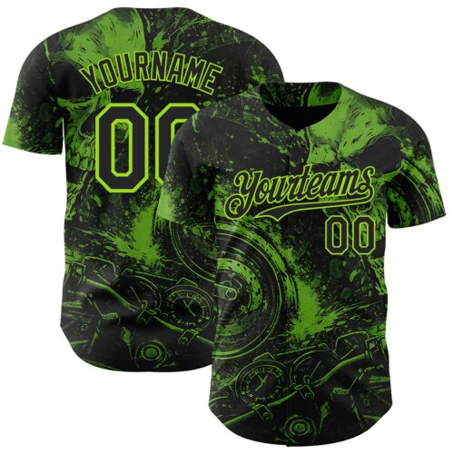 3DPattern15016 Custom Black-Neon Green 3D Pattern Design Motorcycle Motocross Skull Authentic Baseball Jersey