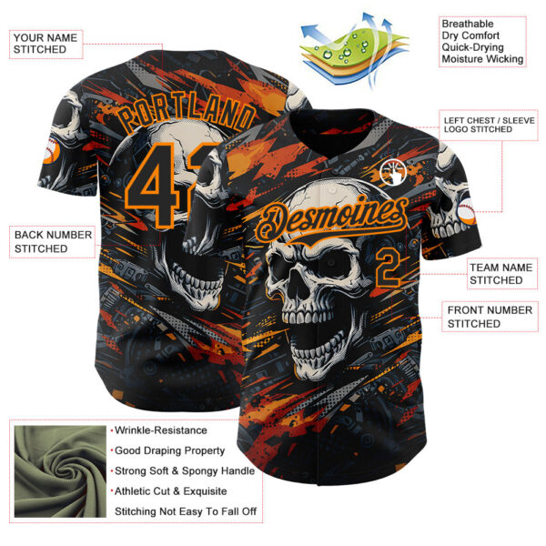 Custom Black-Bay Orange 3D Pattern Design Motorcycle Motocross Skull Authentic Baseball Jersey