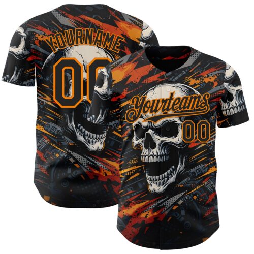 3DPattern15017 Custom Black-Bay Orange 3D Pattern Design Motorcycle Motocross Skull Authentic Baseball Jersey