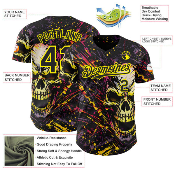 Custom Black-Light Yellow 3D Pattern Design Motorcycle Motocross Skull Authentic Baseball Jersey