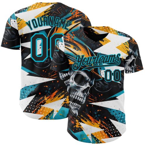 3DPattern15020 Custom Black Yellow-Lakes Blue 3D Pattern Design Motorcycle Motocross Skull Authentic Baseball Jersey