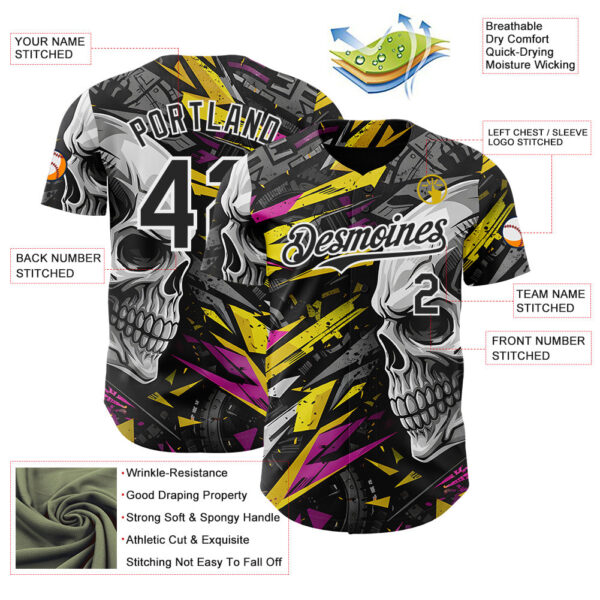 Custom Black Yellow Deep Pink-White 3D Pattern Design Motorcycle Motocross Skull Authentic Baseball Jersey