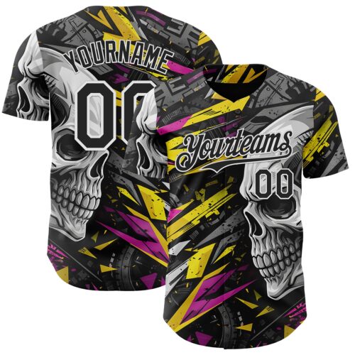3DPattern15021 Custom Black Yellow Deep Pink-White 3D Pattern Design Motorcycle Motocross Skull Authentic Baseball Jersey