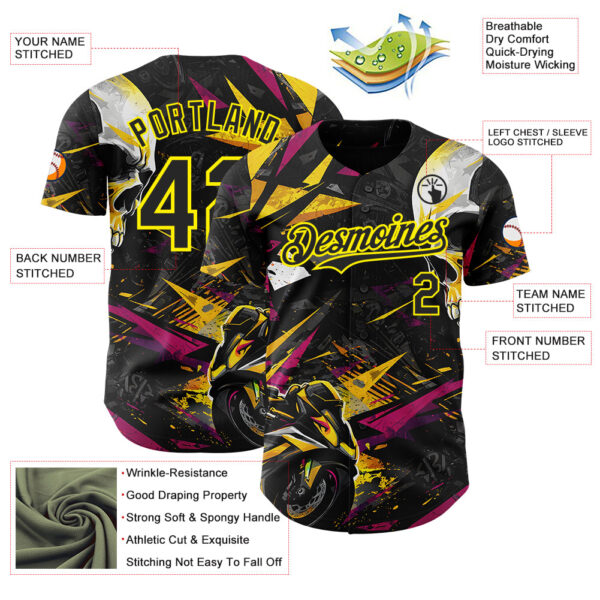 Custom Black Deep Pink-Light Yellow 3D Pattern Design Motorcycle Motocross Skull Authentic Baseball Jersey