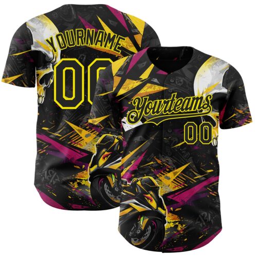 3DPattern15022 Custom Black Deep Pink-Light Yellow 3D Pattern Design Motorcycle Motocross Skull Authentic Baseball Jersey