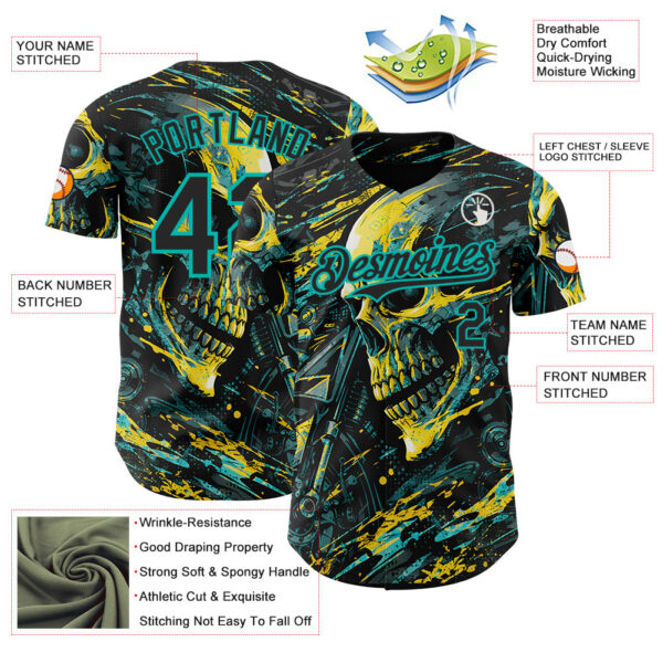 Custom Black Yellow-Aqua 3D Pattern Design Motorcycle Motocross Skull Authentic Baseball Jersey